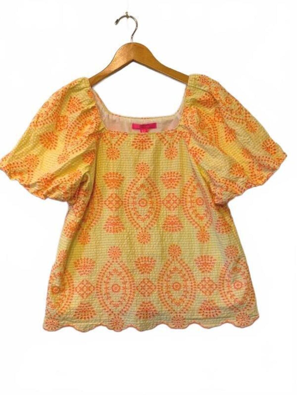 Lilly Pulitzer Lettie Eyelet Top S Calla Yellow Gingham Puff Sleeve